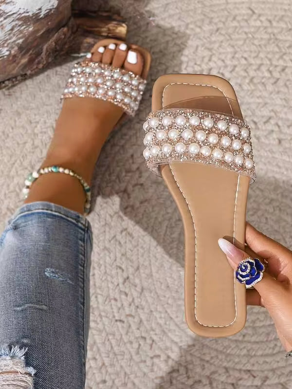 Ximi Ruo New Spring/Summer Fashion H Design Flat Sandals, Casual Roman Style Slip-On Slippers, Wedge Heel, Comfortable Slip-On Mule Sandals In Black, Beige